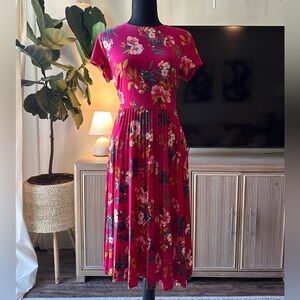 LOFT- floral pleated midi dress with sleeves